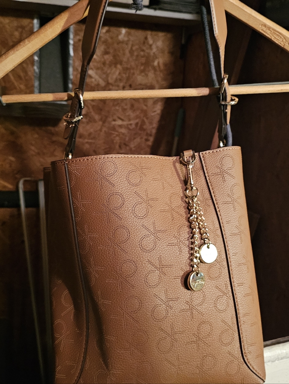 Calvin Klein Brown Monogram Tote with Gold Charm